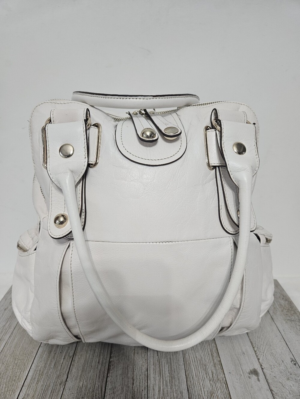 Hype White Leather Women's Shoulder Purse Handbag Satchel with Mulitple Zippered